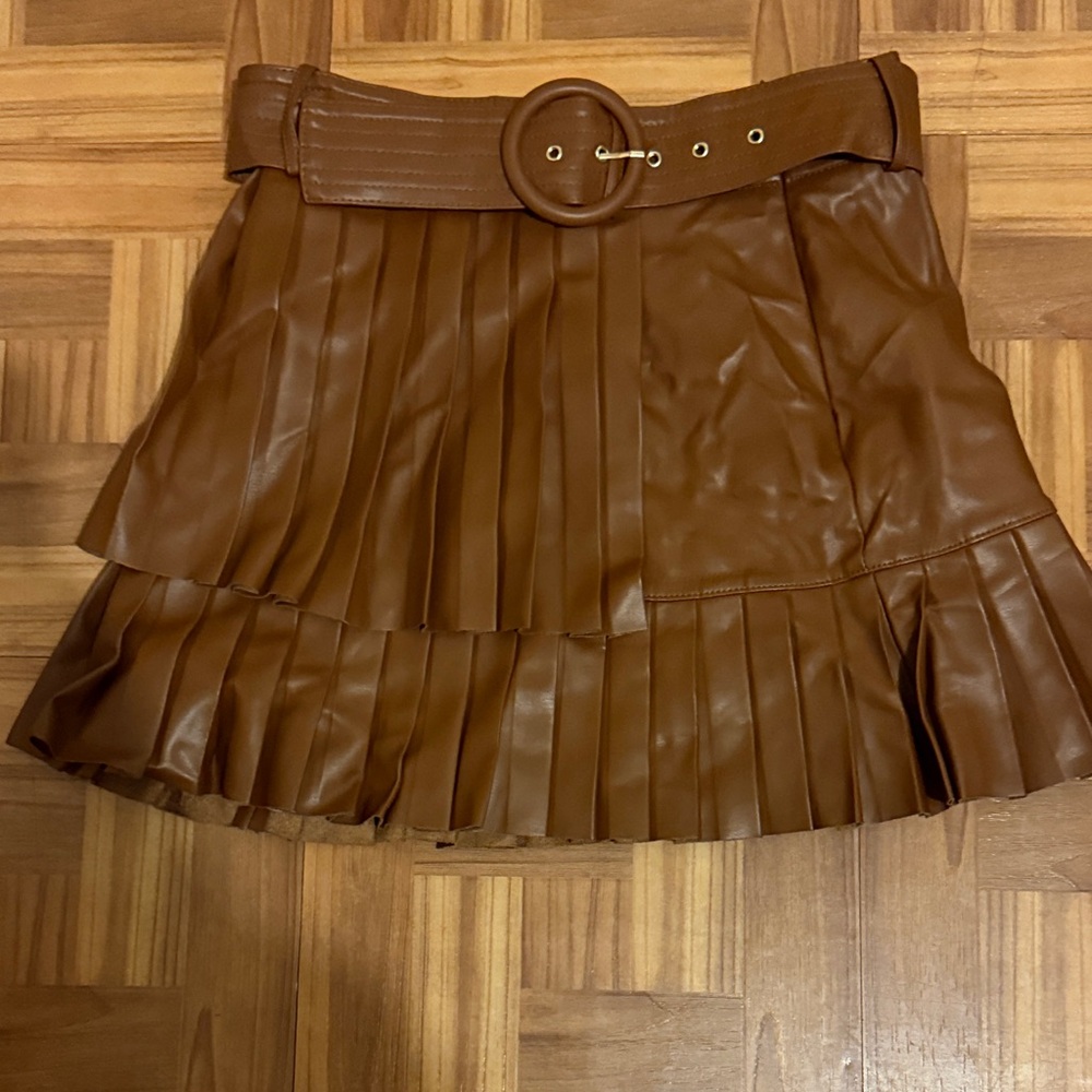 Brown Pleated Leather Skirt Zara Medium